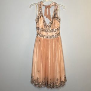 Adrianna Papell peach halter beaded dress with silver beading detail